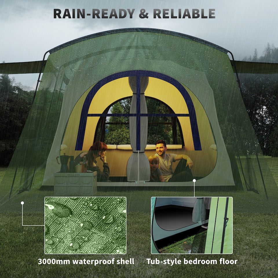 image 1 of Outsunny 3-4 Man Tunnel Tent with Sewn in Floor, 3000mm Waterproof | Green | Green