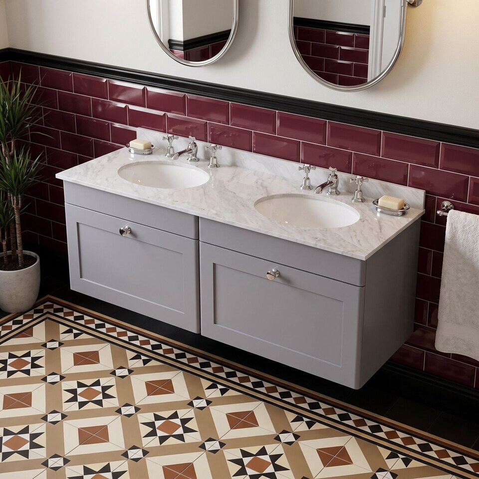 image 1 of Balterley Swynnerton Traditional 2 Drawer Wall Hung Vanity Unit with Double Marble Basin, Satin Grey, 1200mm
