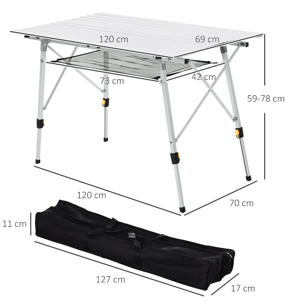 image 1 of Outsunny 4FT Folding Aluminium Picnic Table Portable Camping BBQ Table Roll Up Top Mesh Layer Rack with Carrying Bag