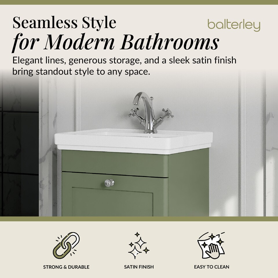 image 1 of Bathroom Wall Hung 1-Drawer Vanity Unit & Fireclay Basin, Green, 500mm | Green | Satin Green | 406 x 531 x 496mm