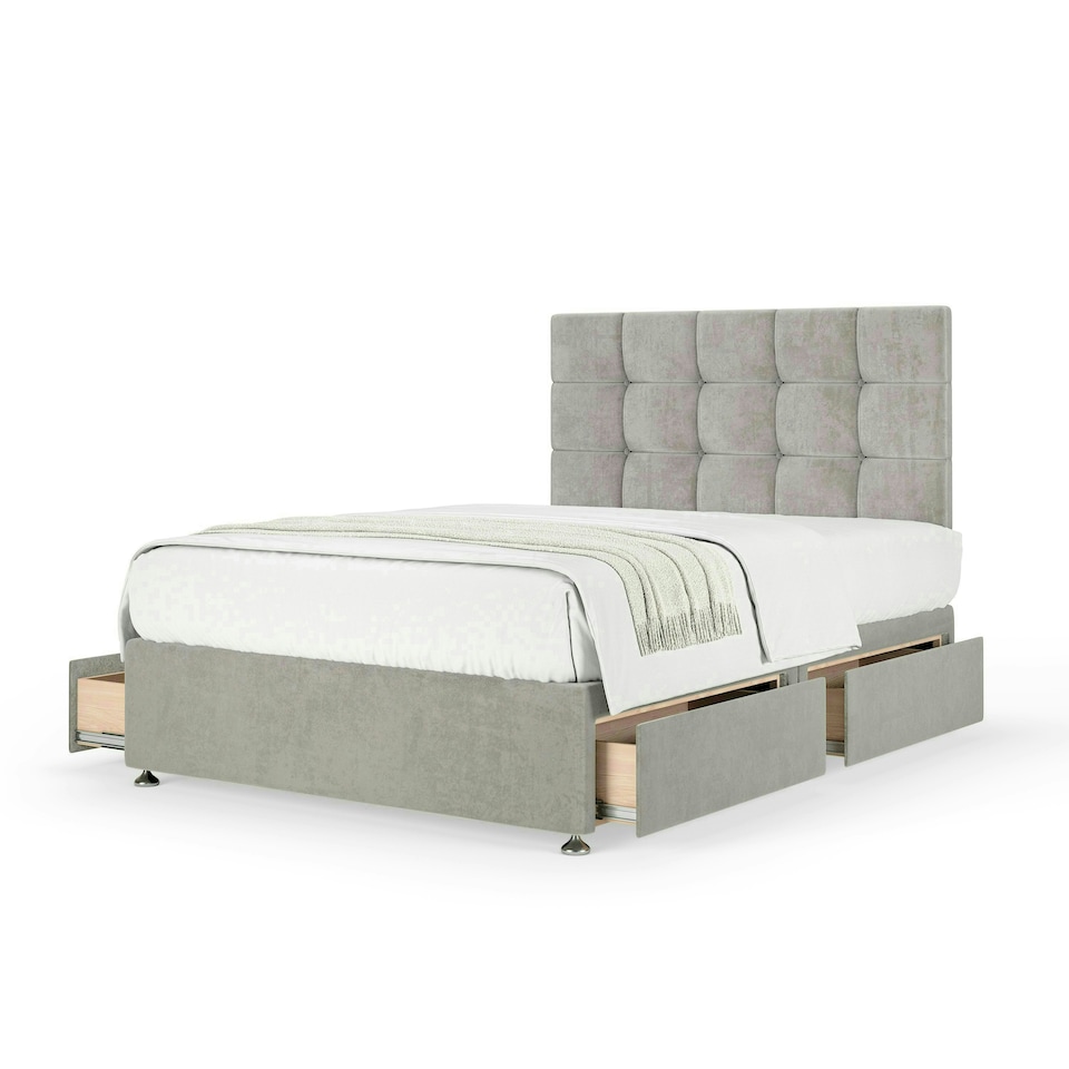 image 1 of Neptune Spring Seal Grey Naples Velvet 4 Drawer Divan Set And Pearl Headboard Small Double