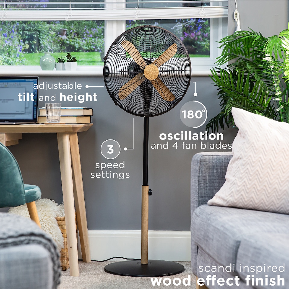 image 1 of Russell Hobbs RHMPF1601WDB Pedestal Fan Cooling Black Scandinavian Wood Effect