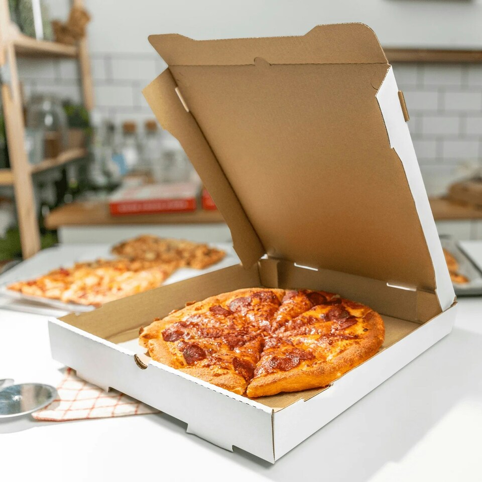 image 1 of 100 x 7" (7.5 x 7.5 x 1.5") White Slim Postage Pizza Takeaway Style Boxes Ideal For Restaurants & Takeaways White