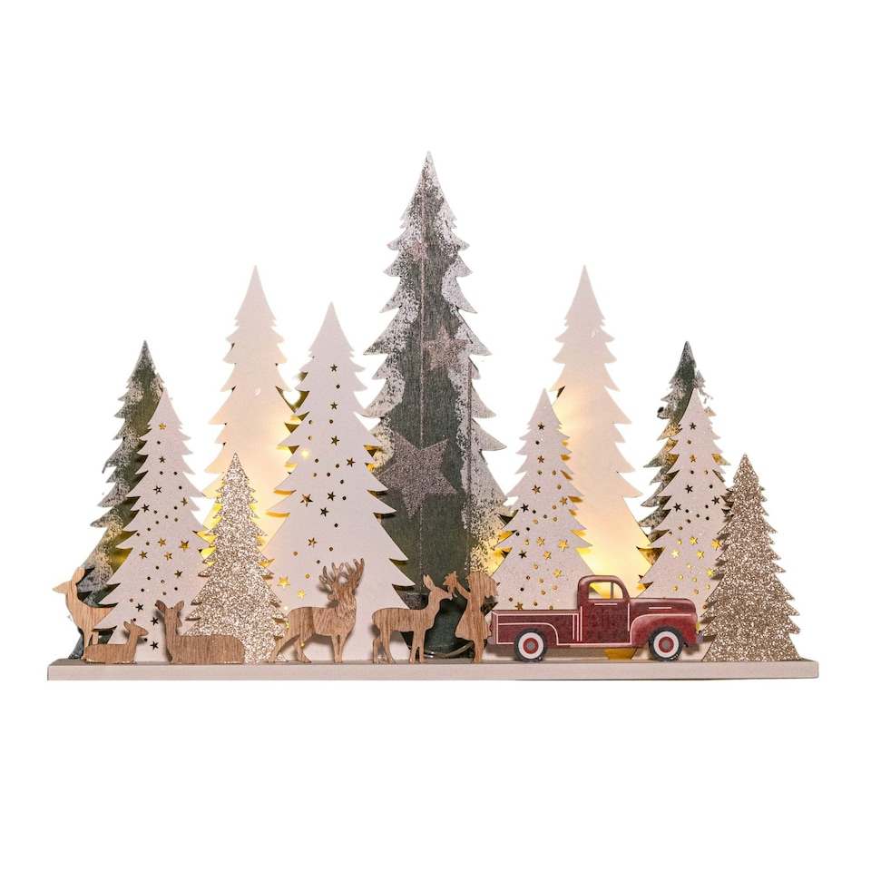 image 1 of 31cm Battery Operated Light up Wooden Christmas Tree with Deer and 15 Warm White LEDs