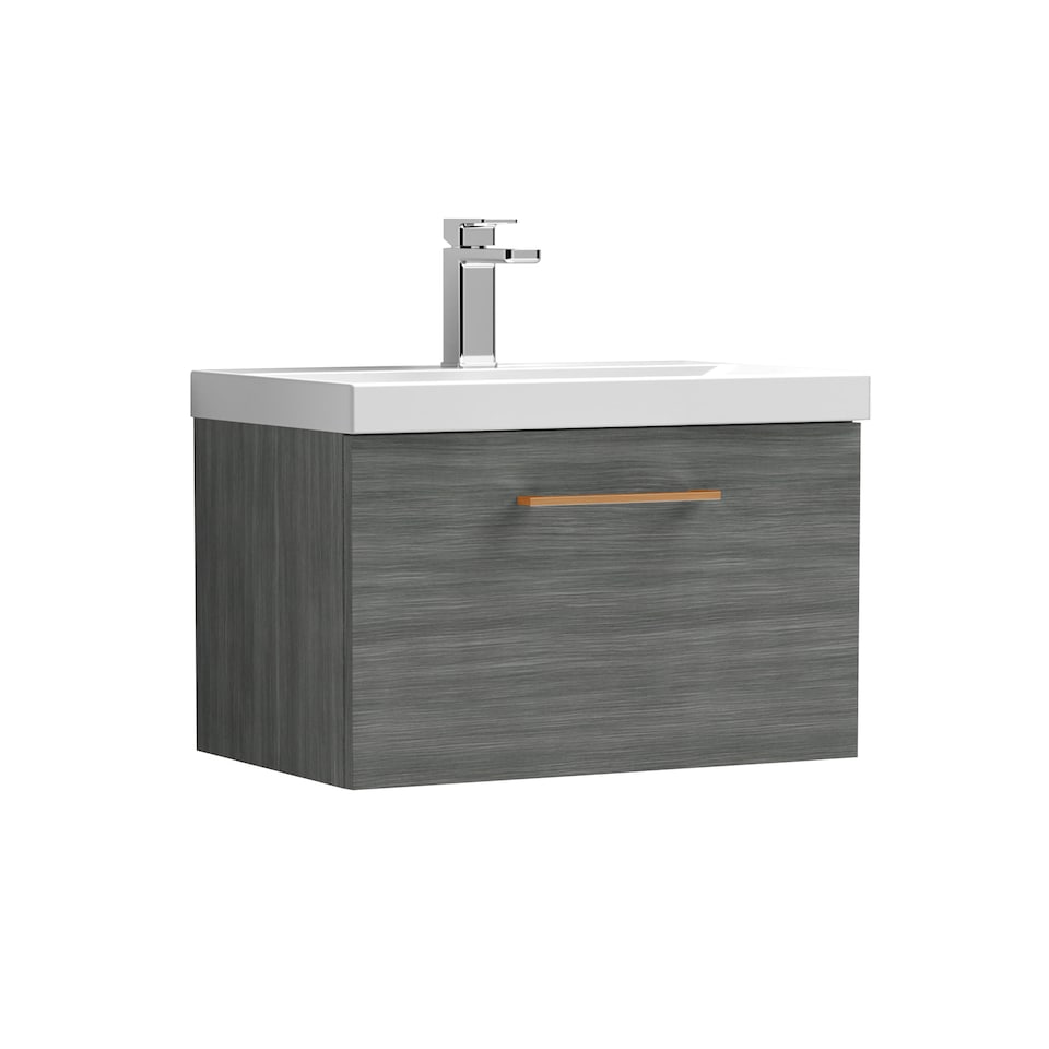 image 1 of 600mm Wall Hung 1 Drawer Vanity , Woodgrain Anthracite, Copper Handle | Grey | Anthracite Woodgrain | 399 x 610 x 390mm
