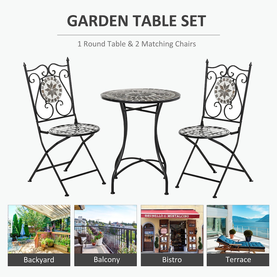 image 1 of Outsunny 3 Pcs Mosaic Tile Garden Bistro Set Outdoor w/ Table 2 Chairs