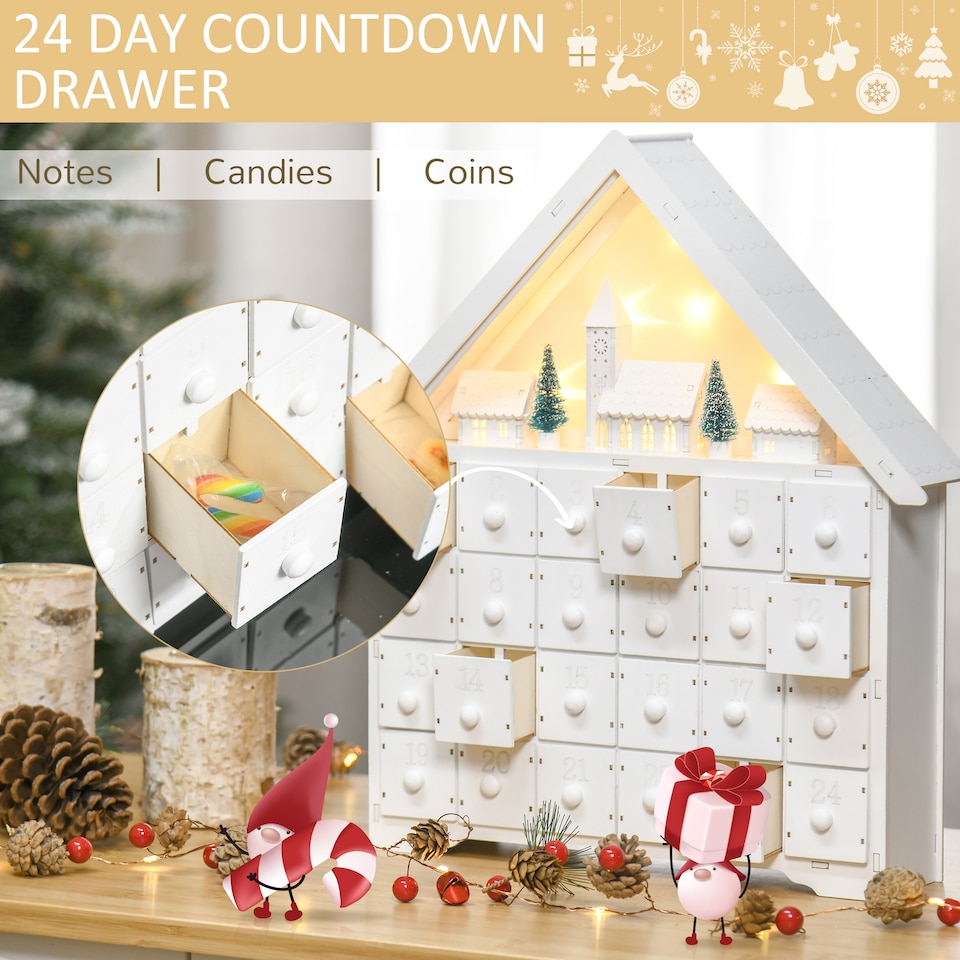 image 1 of HOMCOM 24Drawer Christmas Advent Calendar, Wooden LightUp Traditional Decoration, Adults Kids Countdown Holiday House w Lights Handle White