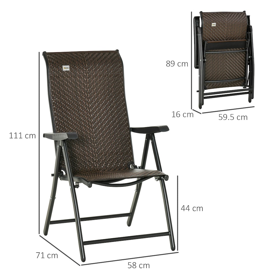 image 1 of Outsunny Set of 2 Outdoor Rattan Folding Chair Set w/ Adjustable Backrest Brown