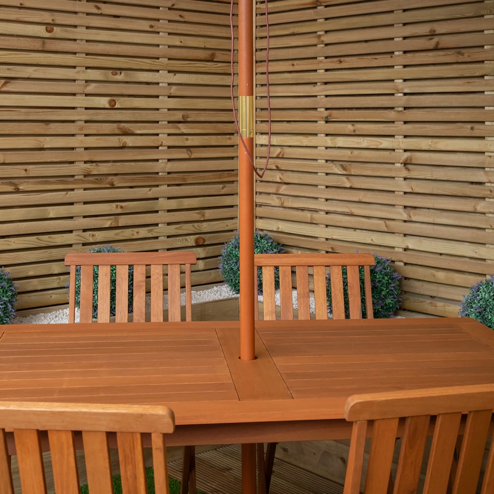 image 1 of Outdoor 6 Person Rectangular Wooden Garden Patio Dining Table Chairs with Black Parasol and Base Set