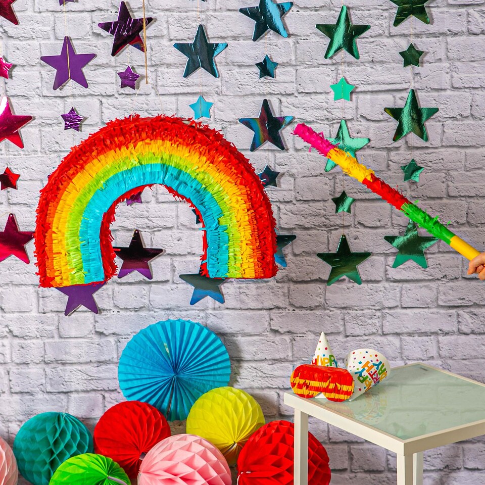 image 1 of Pinatas Rainbow Cardboard Pinata, Stick & Blindfold Set - W53cm x D9cm x H36cm - Multi