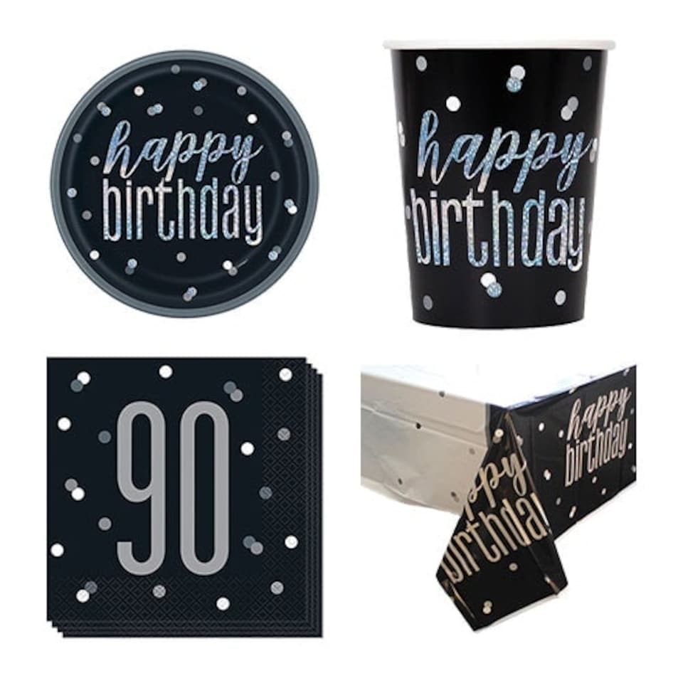 Black Glitz 90th Birthday 8 Person Value Party Pack