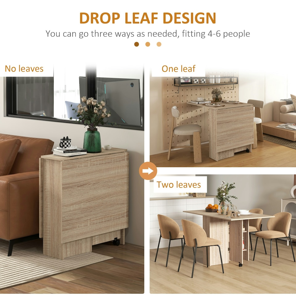 image 1 of HOMCOM Mobile Drop Leaf Dining Table, Folding Desk with 2 Wheels, Natural
