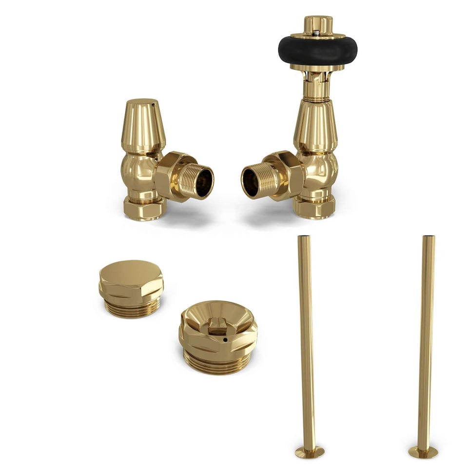 image 1 of Signature Wooden Head - Polished Brass Thermostatic Radiator Valve & Installation Kit Angled 15mm