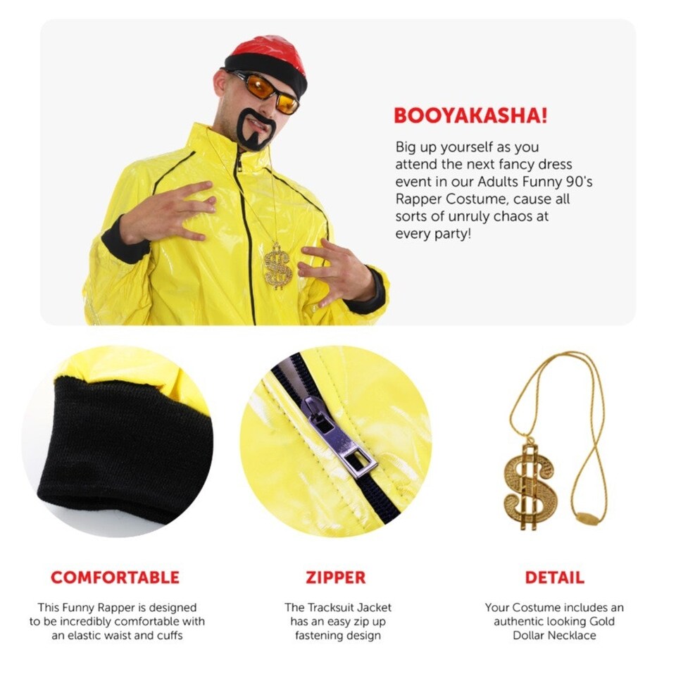 image 1 of 90's Rapper Costume - Red Hat, Glasses, Goatee & Dollar Chain Yellow | L