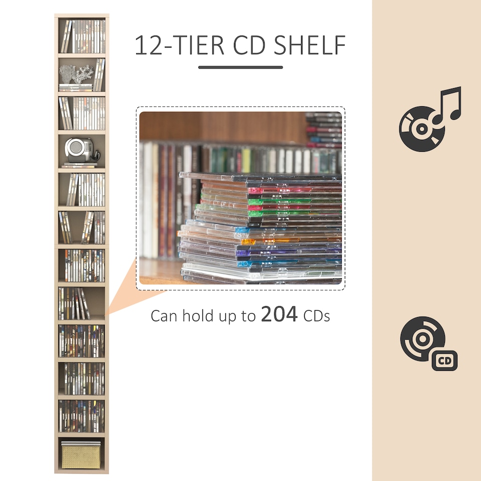 image 1 of HOMCOM 204 CD Storage Tower, Tall Storage Tower with 12 Tiers, Oak Tone