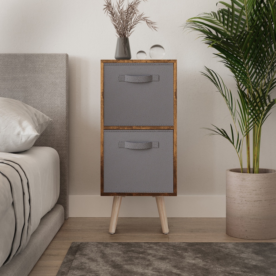 image 1 of Rustic Brown 2-Tier 2-Drawer Cube Shelving Unit with Scandinavian Legs | Grey | Grey & Pine | 1