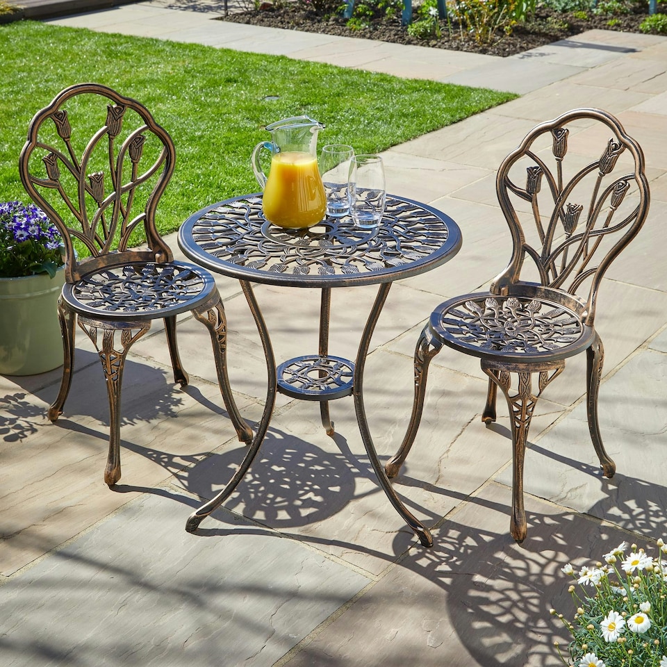 image 1 of Brown Bistro Set Outdoor Garden Patio Floral Table and 2 Chairs Aluminium Frame