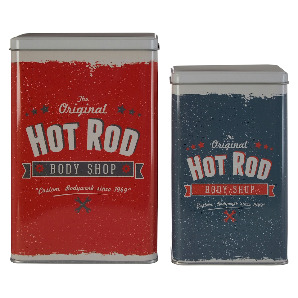 image 1 of Interiors by Premier Set Of 2 Hot Rod Storage Canisters, Retro Metal Tins With Bold Car Print Lids, Durable Storage Solution