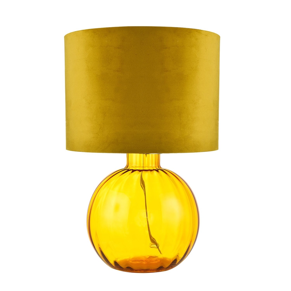 image 1 of Contemporary Ochre Ribbed Glass Table Lamp with Soft Velvet Mustard Shade | Yellow | Ochre | 1