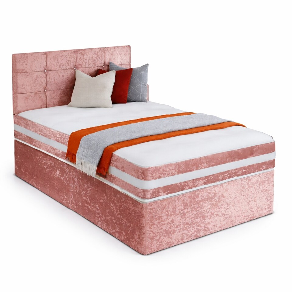 4ft Small Double Pink Crushed Velvet Divan Bed Set Orthopaedic Mattress ...