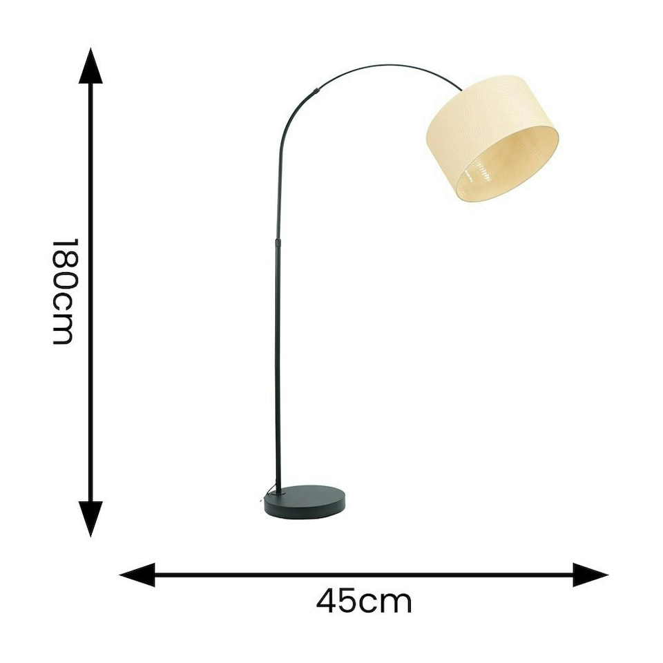 image 1 of ValueLights Louis Black Arched Curved Floor Lamp with Ochre Woven Drum Lamp Shade Cream