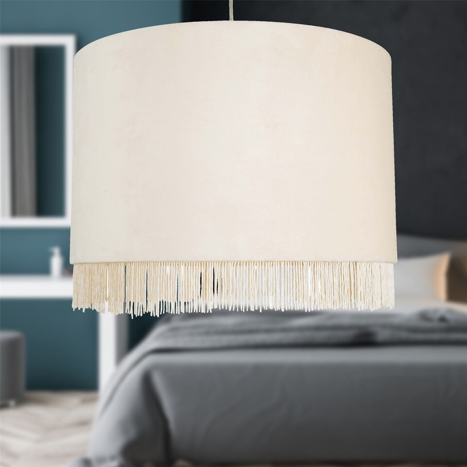 image 1 of Fringed - Off White 38cm Fringed Velvet Pendant Shade | White | Large | 1