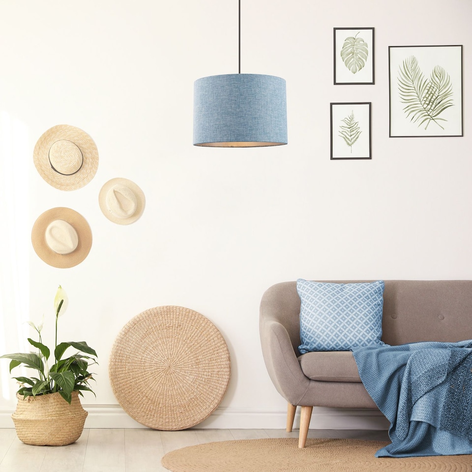 image 1 of Contemporary and Sleek Blue Nova Plain Linen Fabric Drum Lamp Shade 60w Maximum | Blue | Blue | 1