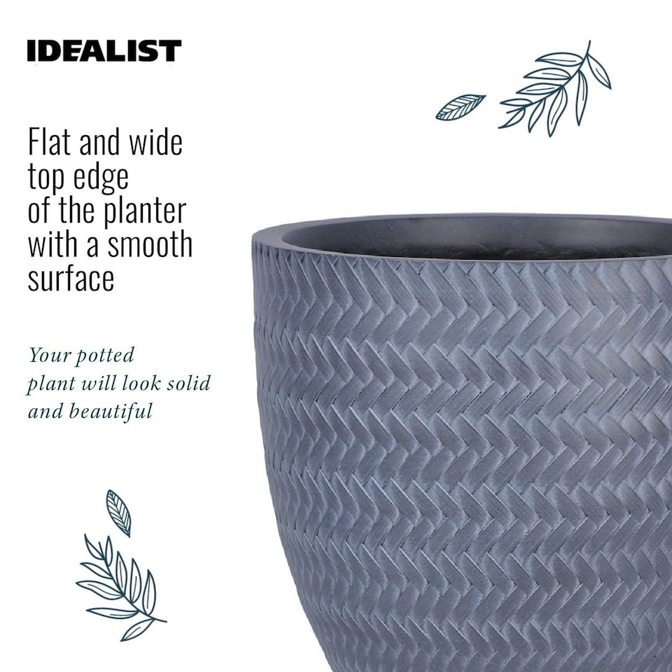 image 1 of Plaited Style Grey Round Garden Planter, Outdoor Plant Pot D24 H23 cm, 10.4 ltrs Cap.