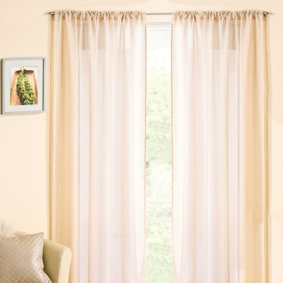 image 1 of Pair of Casablanca Cream Metallic Shimmer Voile Panels 138 cm x 229 cm (54 inch x 90 inch) Rod Pocket Panels for Bedroom and Living Room