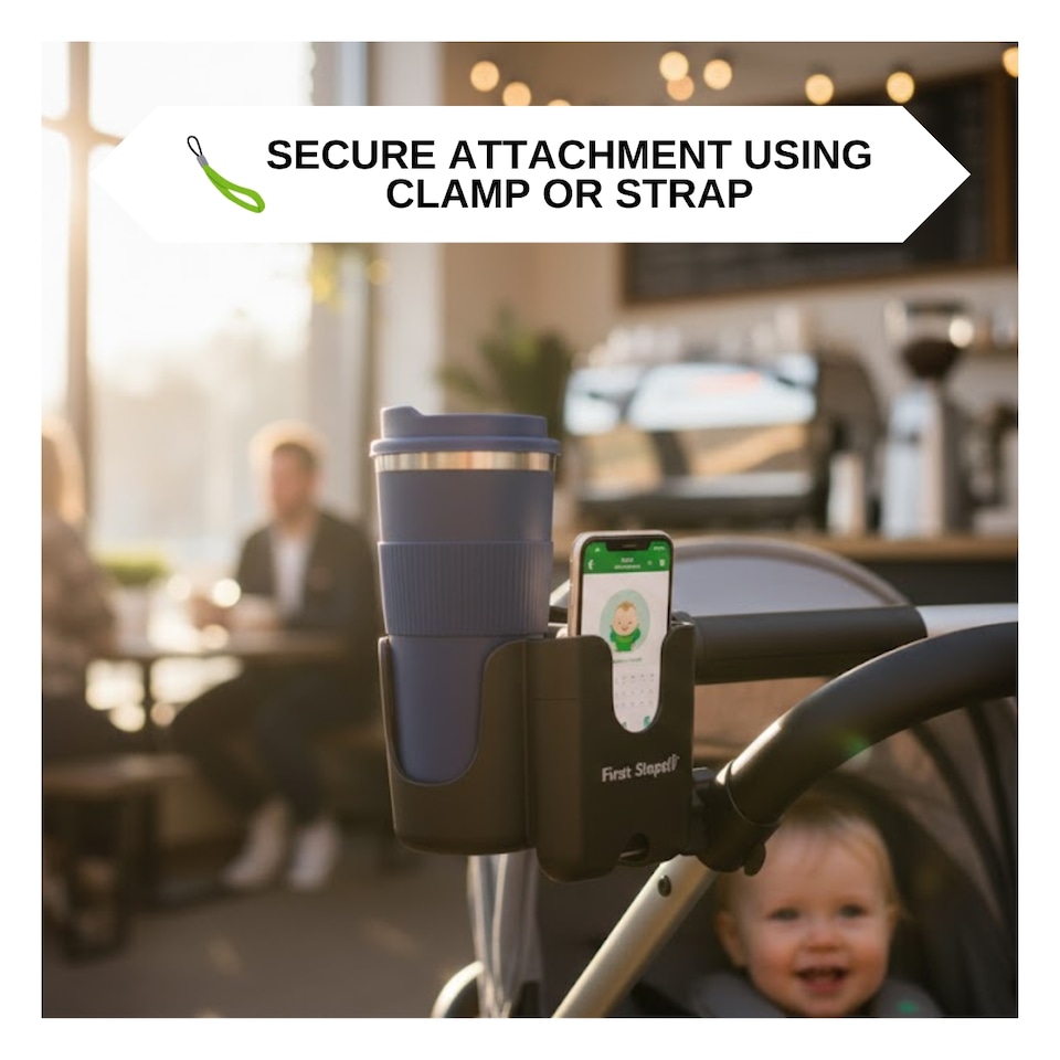 image 1 of Pram Phone & Cup Holder Bottles Hands Free Stroller Accessory Adjustable Clamp