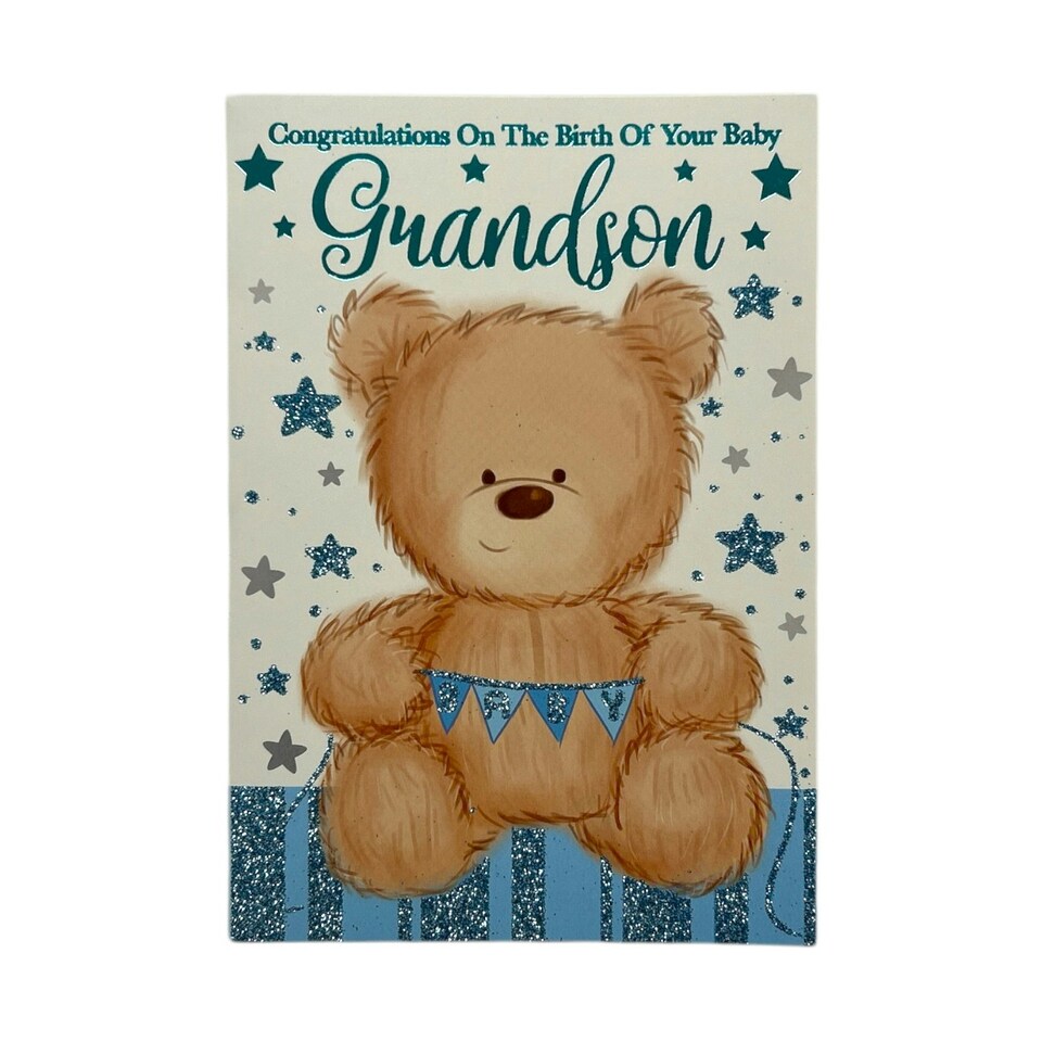 image 1 of On The Birth Of Baby Grandson Teddy Holding Banner Design Congratulations Card