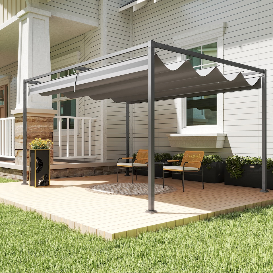 image 1 of Outsunny 4 x 3(m) Metal Outdoor Pergola with Retractable Roof, Outdoor Gazebo with Drainage Holes for Garden, Patio, Lawn, Grey