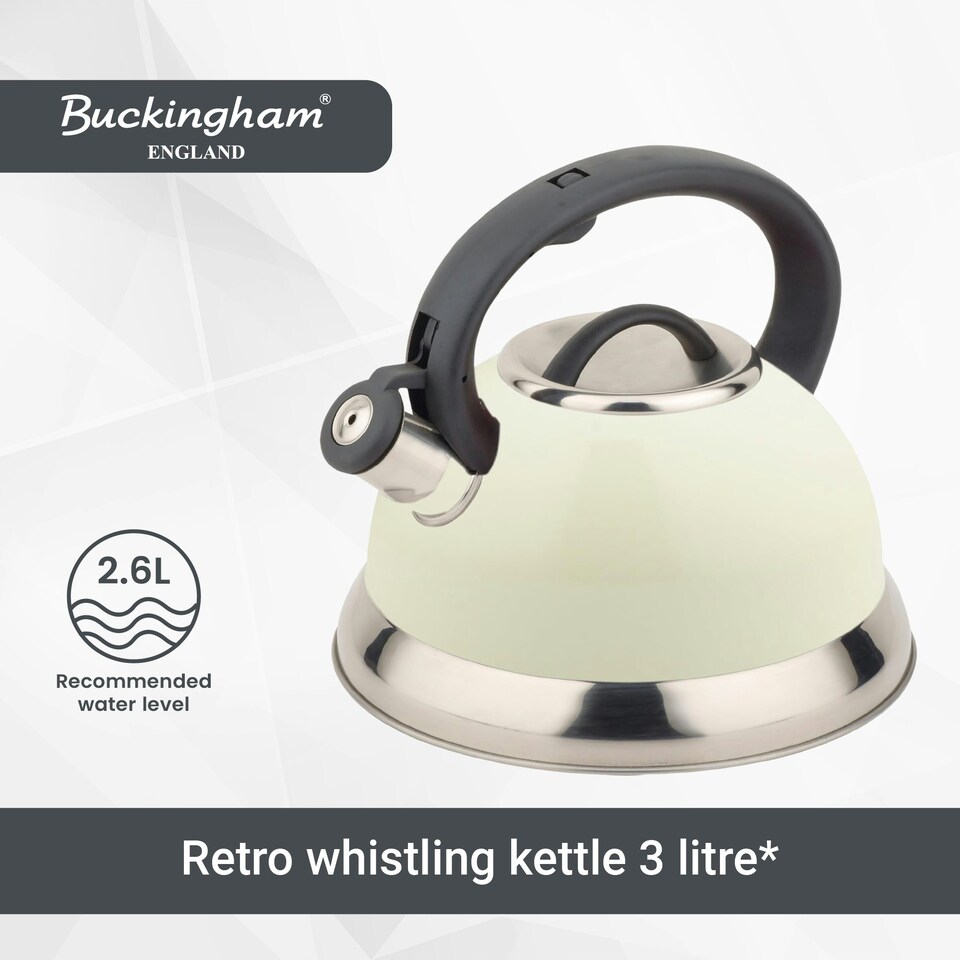 image 1 of Buckingham Stainless Steel Retro Whistling Kettle 3 Litre Cream