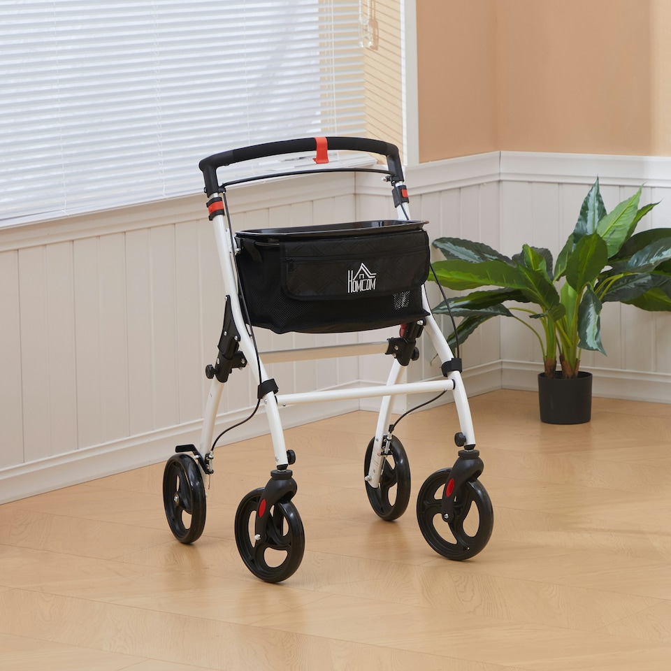 image 1 of HOMCOM Folding Upright Rollator Walker with Storage Bag, Tray, White