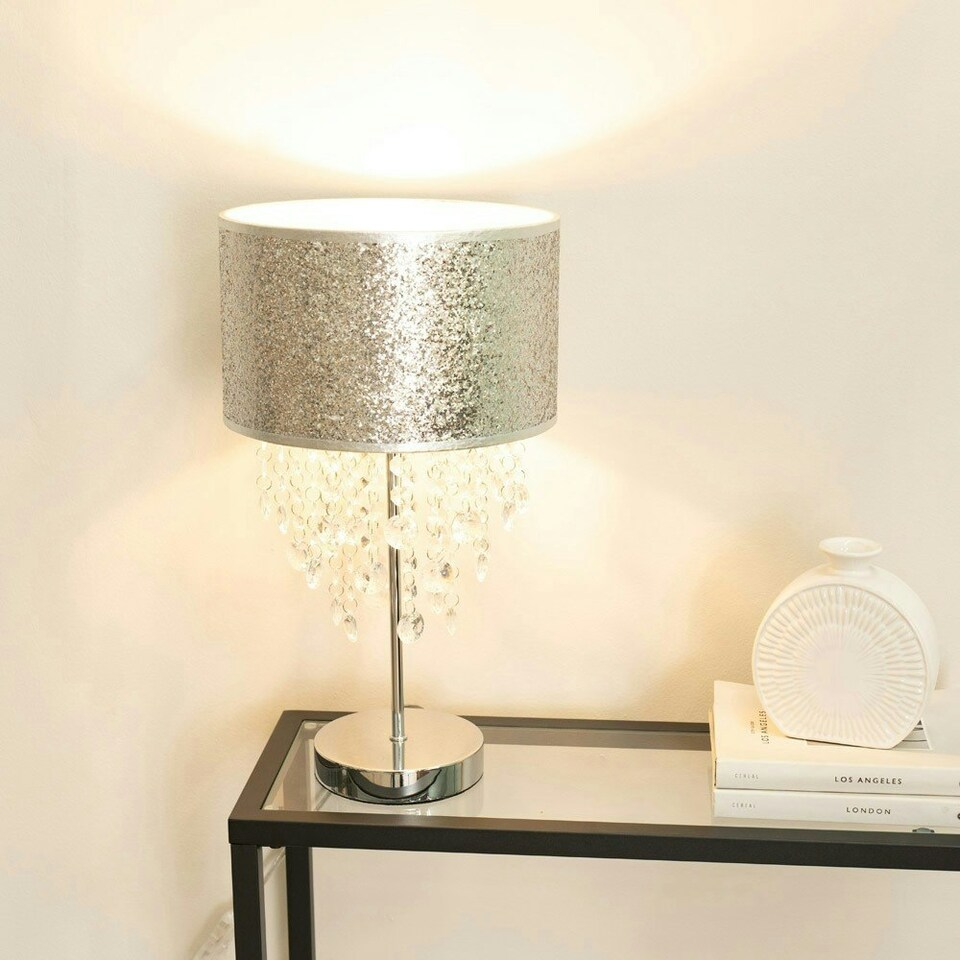 image 1 of ValueLights Bonita Silver Glitter Droplet Shade Table Lamp & Bulb Silver