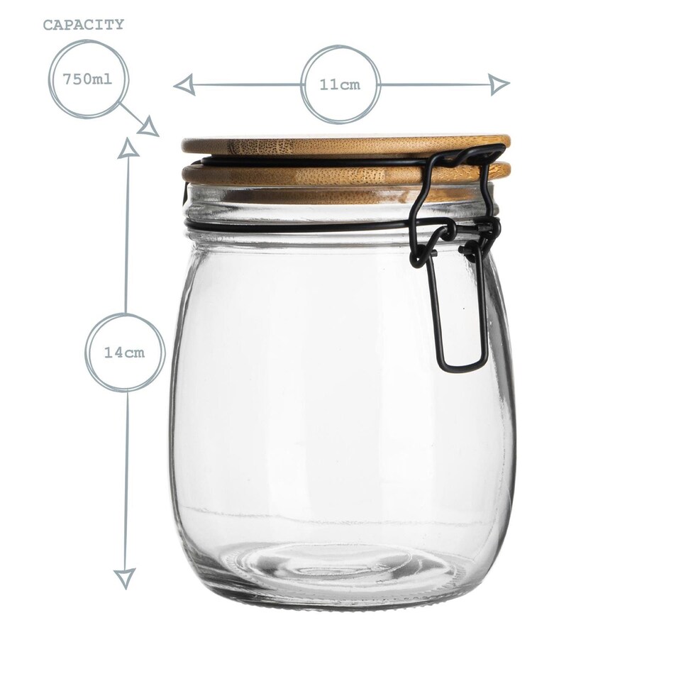 image 1 of Argon Tableware Wooden Clip Lid Storage Jars - 750ml - Clear Seal - Pack of 3