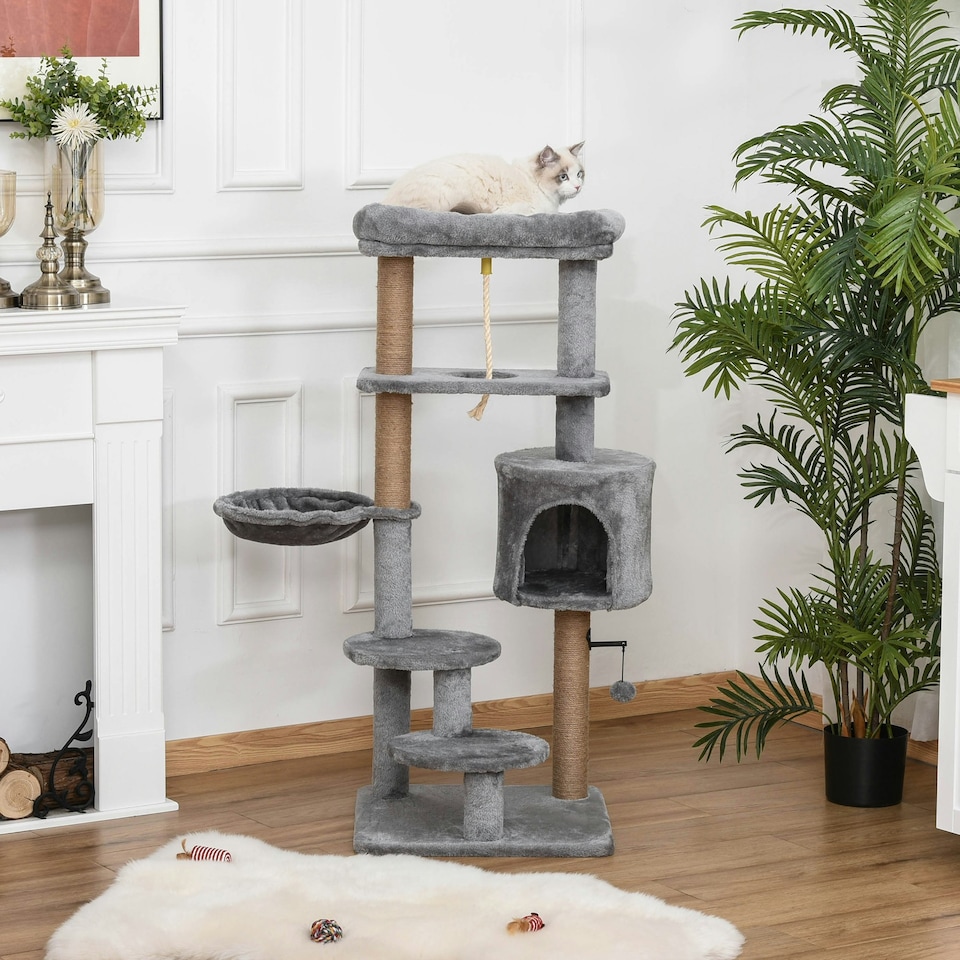 image 1 of PawHut 120cm Cat Tree Tower with Scratch Post Perch Hammock Condo Light Grey