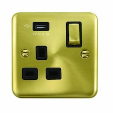 SE HOME Curved Satin Brass 1 Gang 13A DP Ingot 1 USB Switched Plug Socket Black | Satin Brass