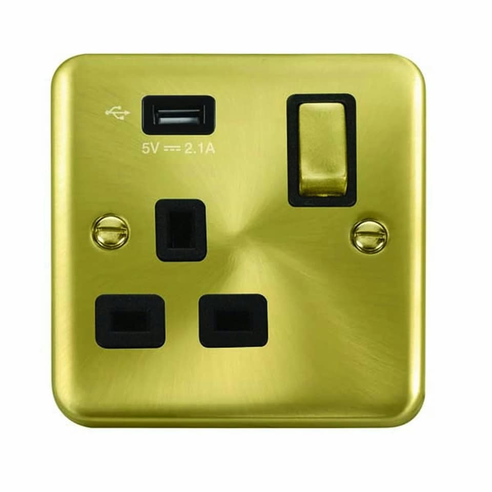 SE HOME Curved Satin Brass 1 Gang 13A DP Ingot 1 USB Switched Plug Socket Black | Satin Brass