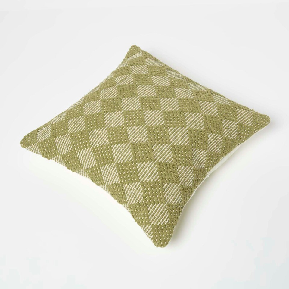 image 1 of Homescapes Lima Handwoven Textured Green Cushion - 45 x 45 cm Green