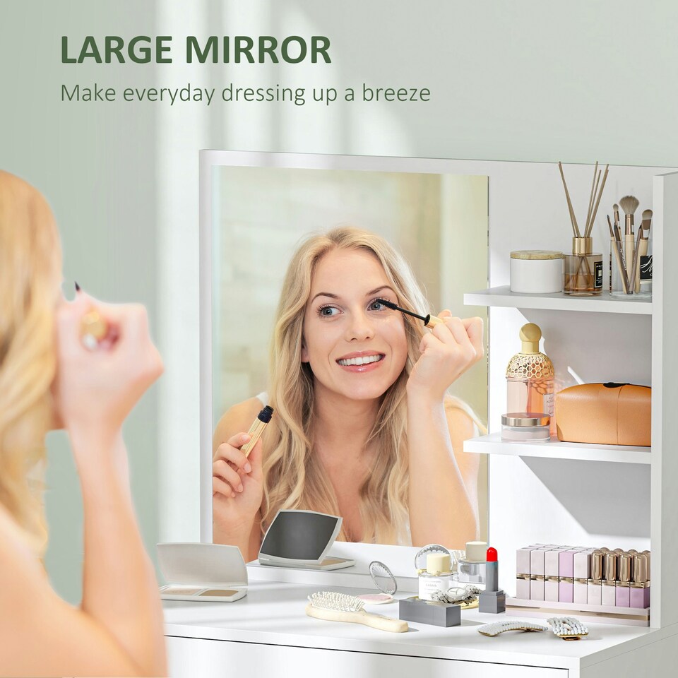 image 1 of HOMCOM Dressing Table with Mirror and Storage, Modern Vanity Desk, White White