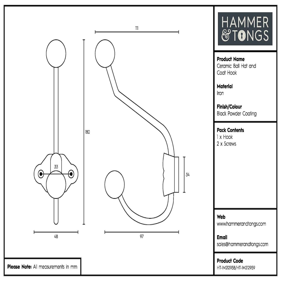 image 1 of Hammer & Tongs Ceramic Ball Hat & Coat Hook - W50mm x H180mm - White