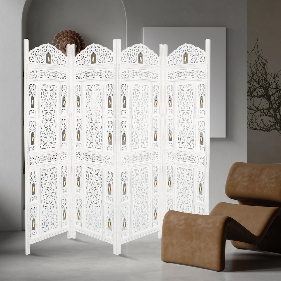 image 1 of 4 Panel Heavy Duty Carved  Screen Wooden Bells Design Room Divider White 200 x 180 cm | White | White | 200 x 180 cm