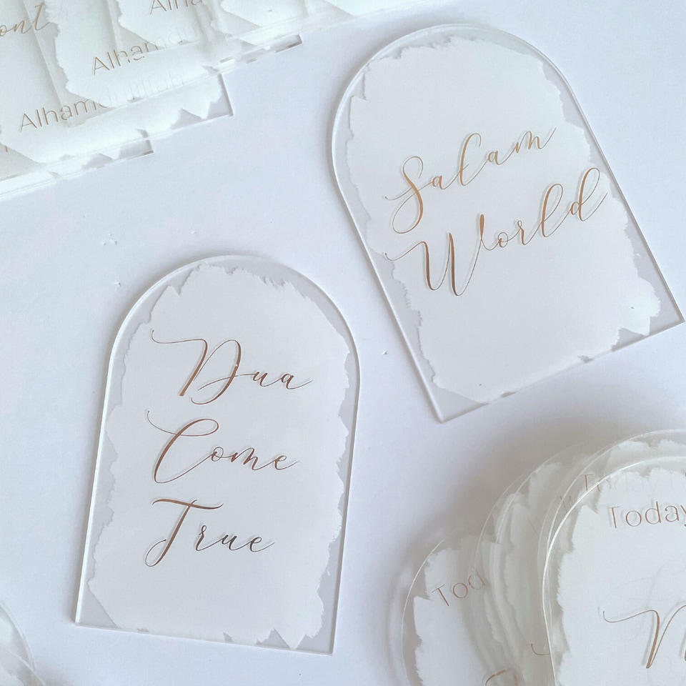 image 1 of Muslim Baby Milestone Acrylic Plaques - White & Gold
