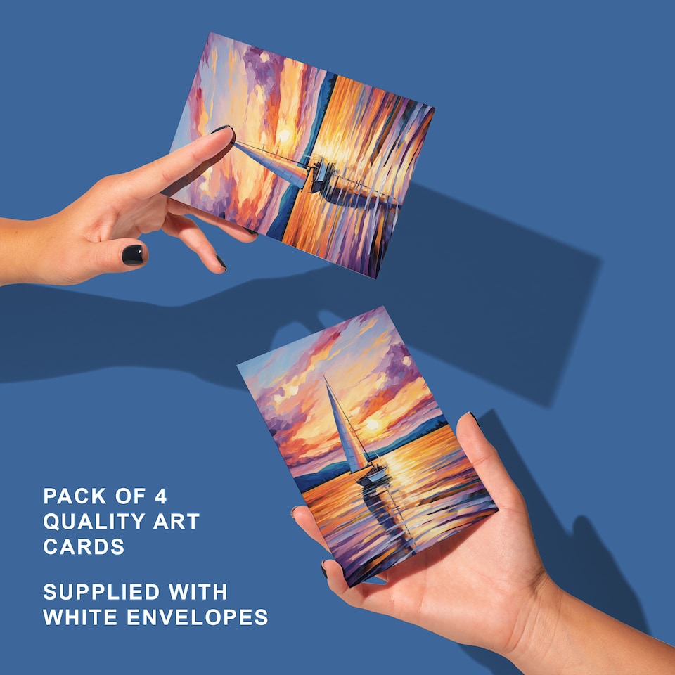 image 1 of Sunset Sailing Boat Seascape Art Cards Pack of 4 Coastal Landscape Greeting Cards