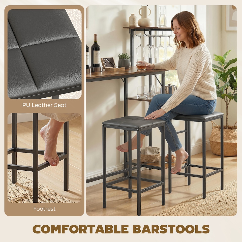 image 1 of HOMCOM 3Pcs Breakfast Bar Table and Stools Set 4-tier shelving | Black | Rustic Brown, Black | Table: 122W x 39.5D x 122.3H cm; Stool: 30.5W x 30.5D x 60H cm