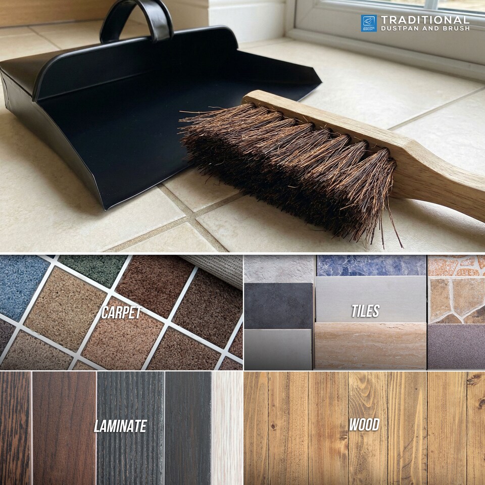 image 1 of Black Hooded Metal Dustpan and Brush Set Traditional Stiff Brush with Ash Pan Design