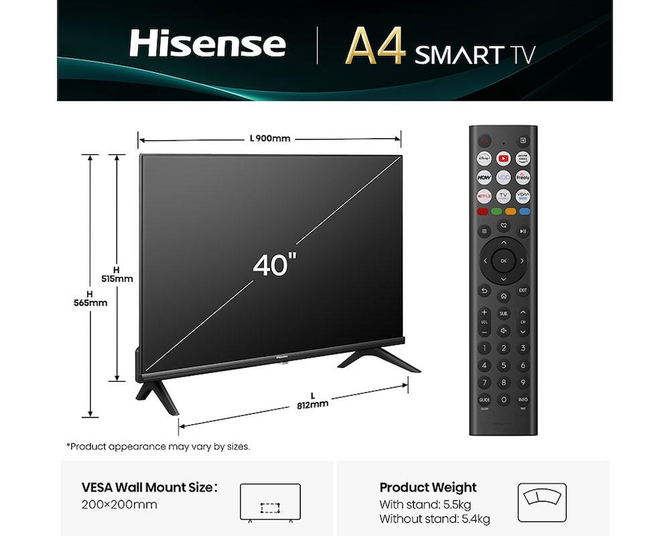 image 1 of Hisense 40A4QTUK A4Q 40" Full HD LED Smart TV with Freely