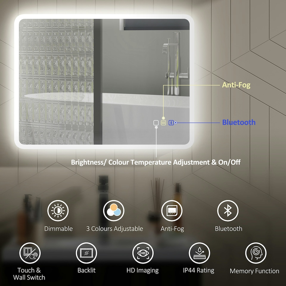 image 1 of HOMCOM 600 x 800 mm Bluetooth Bathroom Mirror with LED Lights Wall Mounted Silver | 80L x 60W x 3.5D cm