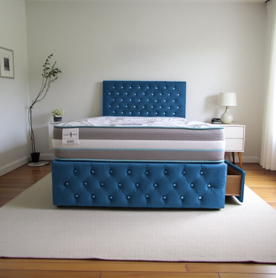 image 1 of Delaware Plush Bed With Mattress, 2 Drawers Same Side & Headboard